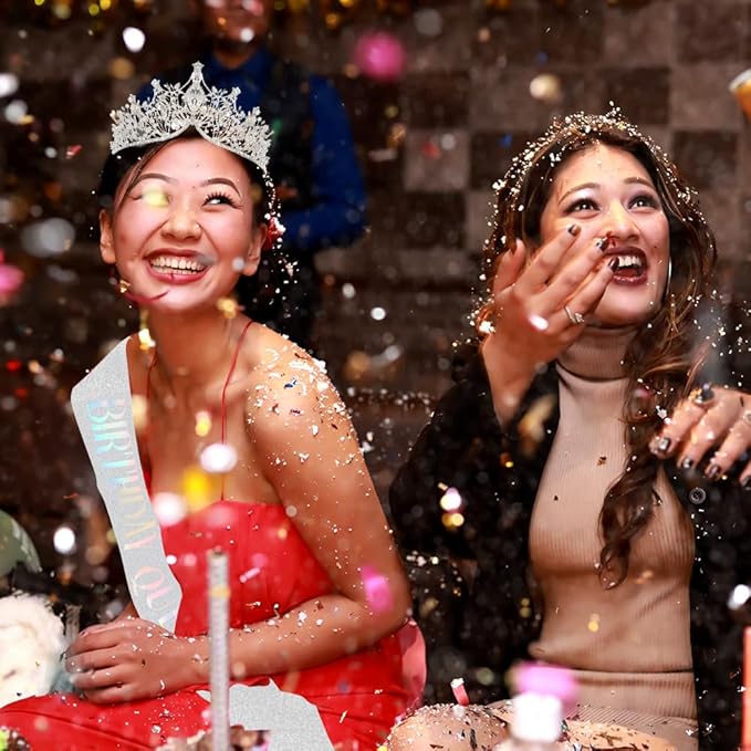 Birthday Queen Sash Headbands for Women Happy Birthday Tiara & Crowns for Girls Accessories Favor Supllies Silver, 2 Pack