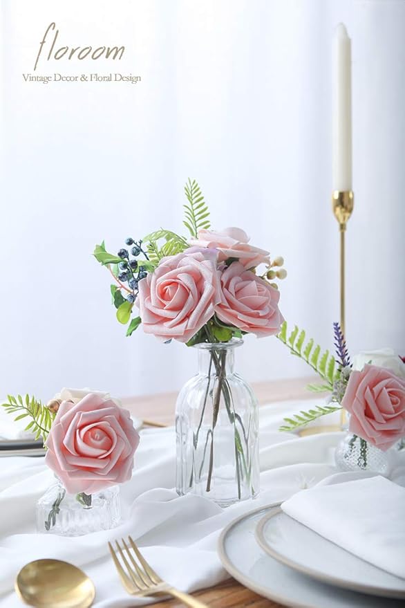 Floroom Artificial Flowers 25pcs Real Looking Shimmer Blush and Peach Foam Fake Roses with Stems for DIY Wedding Bouquets Bridal Shower Centerpieces Floral Arrangements Party Tables Home Decorations