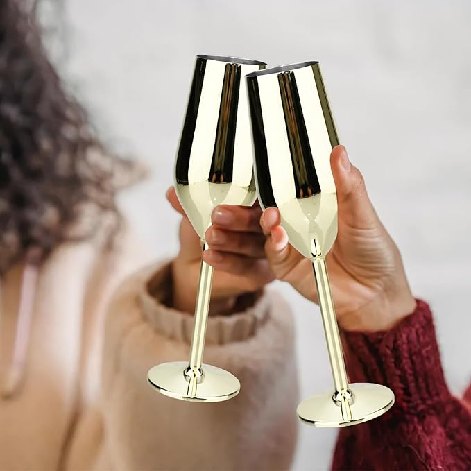 TJ Unbreakable 8 Oz Stainless Steel Champagne Flutes (2 Pack)- Gold Champagne Glasses - Reusable Indoor Outdoor Drinkware - Keeps Drink Cool for Longer - Gift Idea