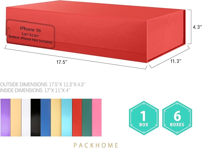 PACKHOME 6 Extra Large Christmas Gift Boxes 17.5x11.3x4.3 Inches, Sturdy Shirt Boxes with Magnetic Lids for Clothes and Large Xmas Gifts (Glossy Red)