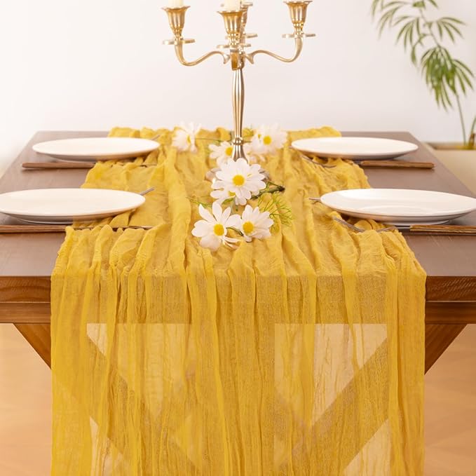Socomi 6pcs Gold Yellow Fall Thanksgiving Cheesecloth Table Runner Boho Rustic Gauze 120 inch 10FT Cheese Cloth Runner for Wedding Party Baby Shower Birthday Home Decor Holiday Decorations