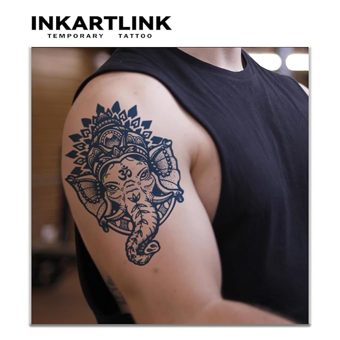 INKARTLINK Tattoo Tech, 2 Sheets Large Semi Permanent Tattoo, Adult Art Design Temporary Tattoos, Lasts 1-2 Weeks, Waterproof, Realistic Look, No Adhesive, No Reflection (Thai Elephant Deity Design)