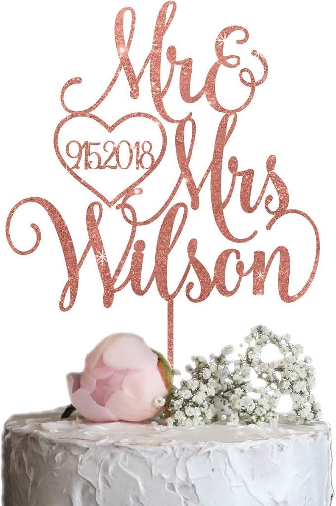 Rose Gold Mr & Mrs Wedding Cake Topper with Last name and Date, Elegant Custom Mr and Mrs Cake Topper, Personalised cake topper also available in Gold, Silver or Champagne Glitter