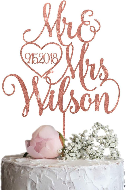 Rose Gold Mr & Mrs Wedding Cake Topper with Last name and Date, Elegant Custom Mr and Mrs Cake Topper, Personalised cake topper also available in Gold, Silver or Champagne Glitter