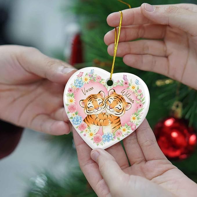Mr & Mrs Tiger Ceramic Xmas Ornament, Custom Names Couples Tiger Engaged Christmas Ornament, Personalized Couples Animals Floral with Butterfly Ornaments, Keepsake Gift for Wedding Anniversary