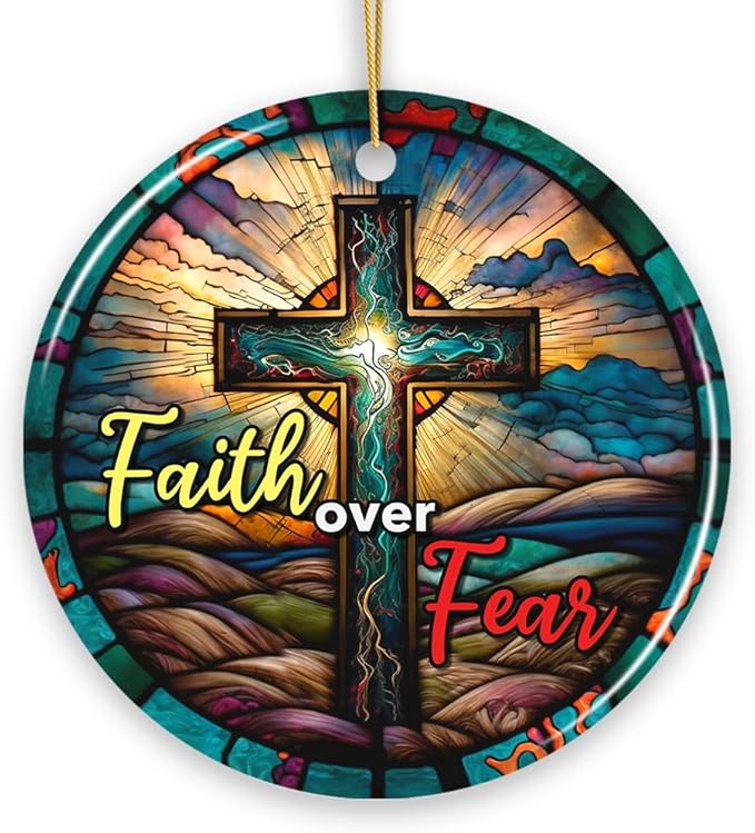 Religious Cross Jesus Stained Glass Art Ornament with Faith Over Fear Quote