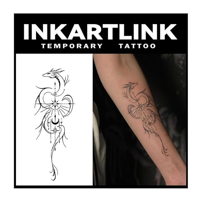 INKARTLINK Tattoo Tech, 2 Sheets Medium Semi Permanent Tattoo, Adult Art Design Temporary Tattoos, Lasts 1-2 Weeks, Waterproof, Realistic Look, No Adhesive, No Reflection (Elf Dragon Design)