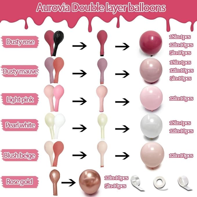 Dusty Rose Balloon Arch Kit Double Stuffed Pink Balloon Garland Pastel Light Pink Mauve Pearl White Rose Gold Latex Balloons for Birthday Baby Shower Bridal Wedding Bachelorette Party Decorations
