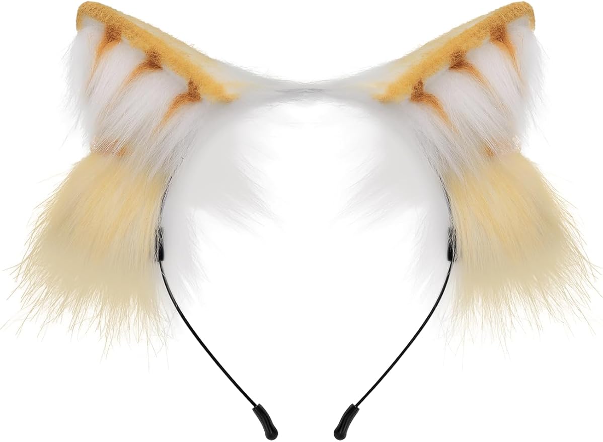 QinRuan Animal Cosplay Costume Accessories Furry Faux Fur Cat Ears Headband and Fox Tail Set Halloween Accessory