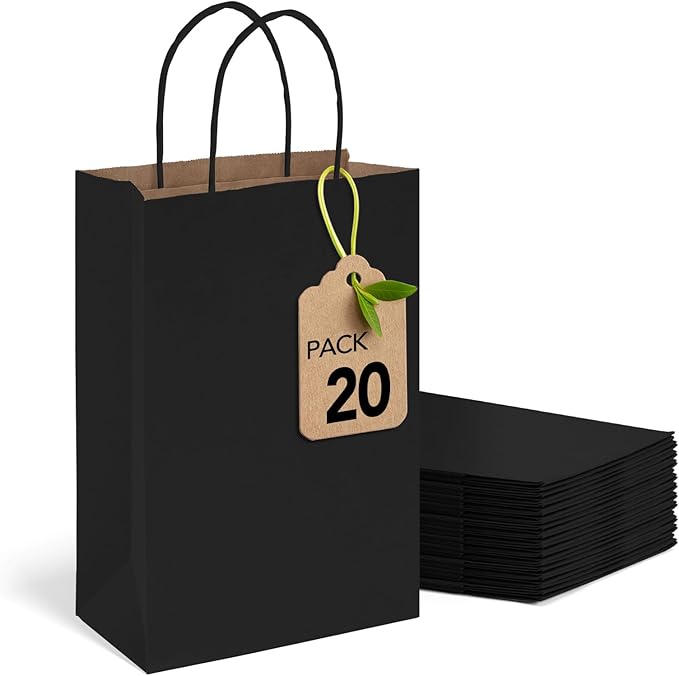 MESHA Black Paper Gift Bags 5.25x3.75x8 Inch 20pcs Small Paper Kraft with Handles Bulk,Grocery Shopping Wedding Party Favor Bag