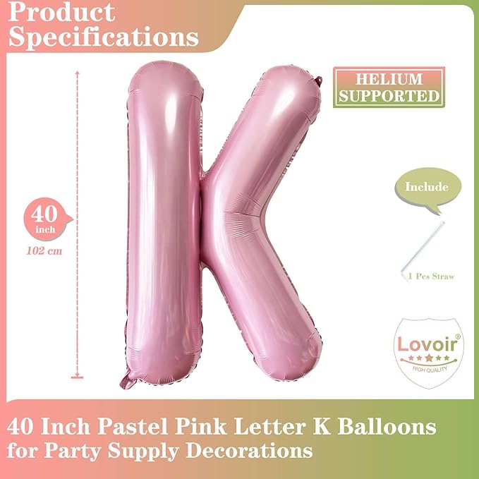 Lovoir 40 Inch Pastel Pink Letter K Balloons, 1 Pcs, K Foil Mylar Helium Balloons for Birthday Party Supplies, Wedding, Anniversary Event Celebration Decorations, Alphabet Pink K
