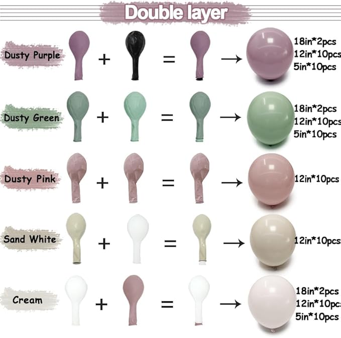 Dusty Green Purple Balloon Garland Double Stuffed Pastel Green Lavender Pink White Sand Balloon Arch Kit Light Lilac Cream Balloons for Baby Shower Birthday Wedding Flower Fairy Party Decor