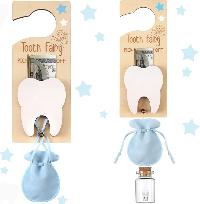 Tooth Fairy Holder Bag Hanger with Money Slot Keepsake Bottle Velvet Pouch Tooth Fairy Box Encourage Gift for Lost Teeth Boy Girl Milk(Classic,Blue)
