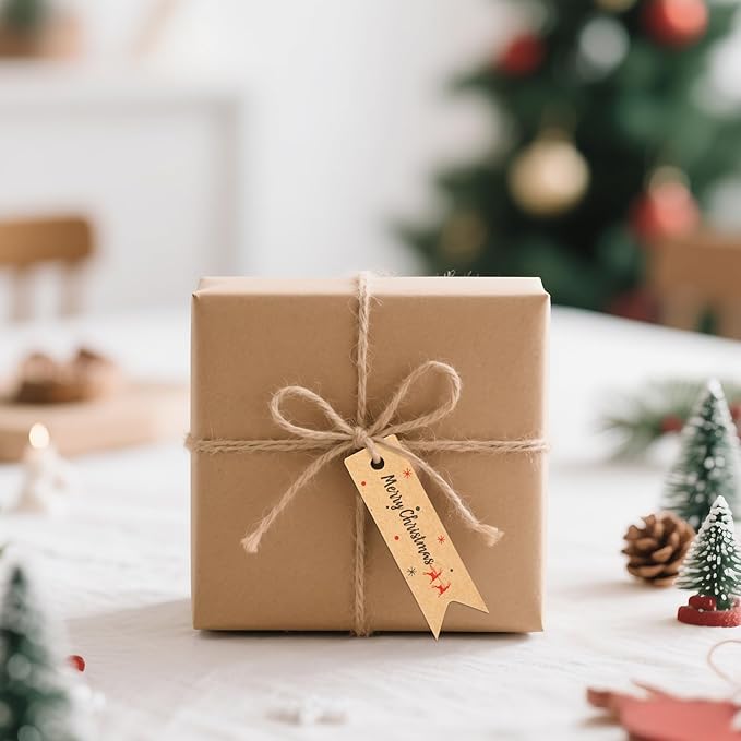 G2PLUS Small Merry Christmas Tags - 100Pcs Deer Kraft Paper Gift Tags with String for Gift Wrapping, Goodies Bags, Christmas Holiday Party Favors(2.8''x0.8'')
