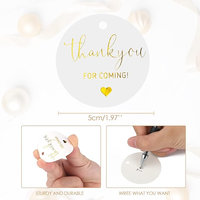 G2PLUS Thank You Tags, 100PCS Thank You for Coming Tags, 2'' Round Gift Tag, White Paper Gold Foil Gift Tag with String for Wedding, Birthday Party Favors