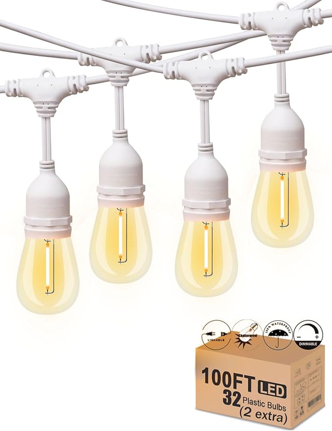 Outdoor String Lights LED White 100FT Patio Lights String with 32 1W Dimmable Shatterproof Bulbs for Wedding Pergola Gazebo Bistro Outdoor