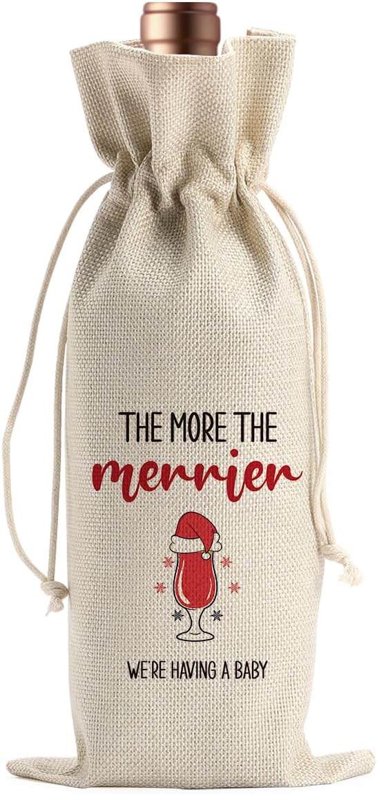 Christmas Pregnancy Announcement Wine Bags for Wine Bottles Gifts Grandparents Christmas Gift Wine Bottle Cover Drawstring Gift Bags Burlap Wine Bag for Xmas Baby Announcement Party Decorations