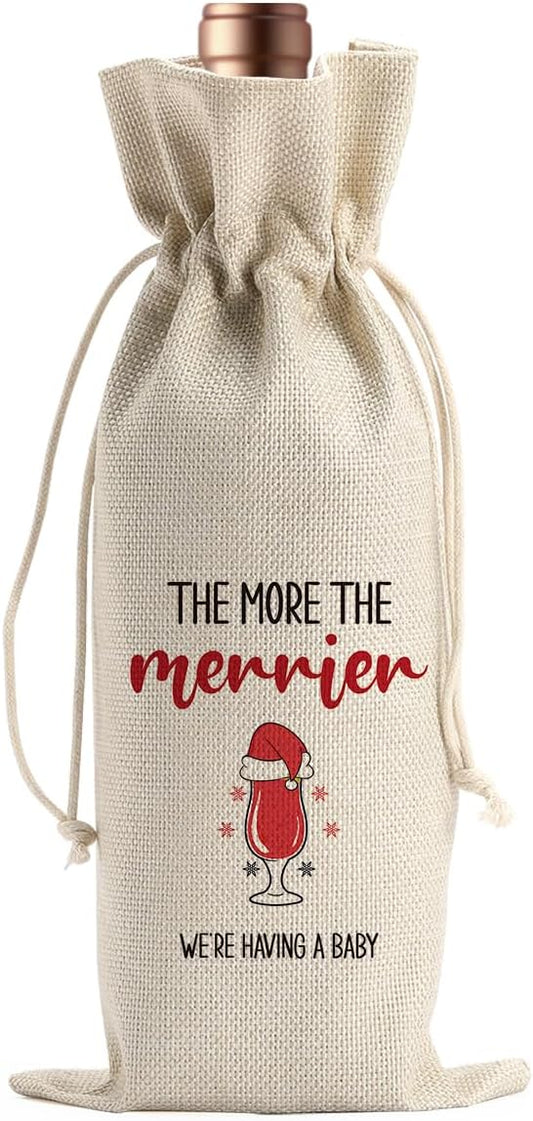 Christmas Pregnancy Announcement Wine Bags for Wine Bottles Gifts Grandparents Christmas Gift Wine Bottle Cover Drawstring Gift Bags Burlap Wine Bag for Xmas Baby Announcement Party Decorations