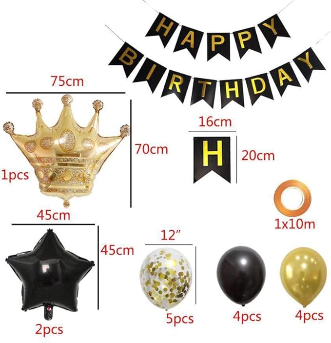 Birthday Party Decorations KIT - Happy Birthday Banner, Gold Crown Balloon Gold and Black Latex Balloons, Perfect Party Supplies