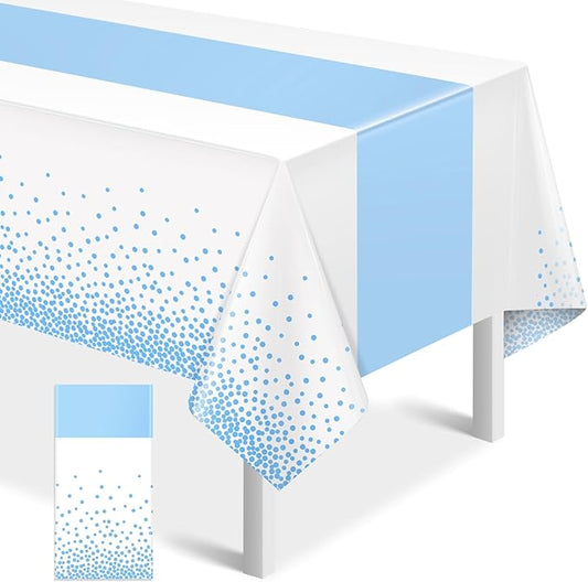 MASHAN 1Pcs White Light Blue Tablecloth Party Decorations,Plastic White Table Cloth Printed Baby Blue Table Runner Disposable Rectangle Cover for Birthday Baby Shower Wedding Party,54 x108 Inch