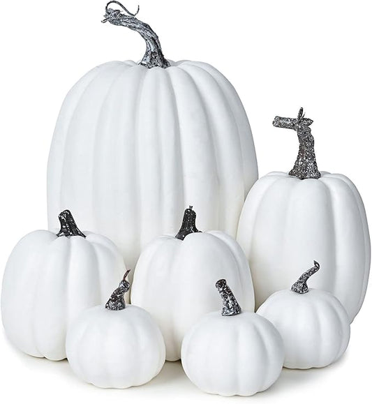 Lvydec 7pc Assorted Size White Pumpkins Craft Pumpkins for Halloween Thanksgiving Autumn Festive Party Supplies