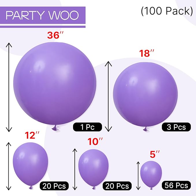PartyWoo Purple Balloons 100 pcs Different Sizes of 36 18 12 10 5 Inch Light Purple Lavender Lilac Balloon Arch Kit Garland for Graduation Baby Shower Halloween Birthday Party Decorations Purple-Y15