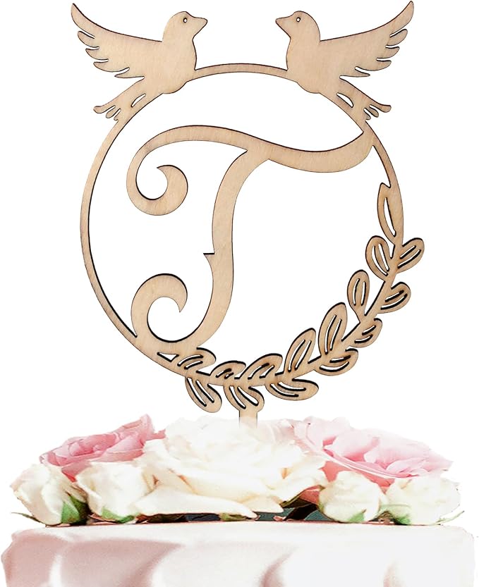 LINGTEER Personalized Inital Letter T Wood Cake Topper Perfect for Birthday Rustic Wedding Anniversary Party Keepsake Decoration