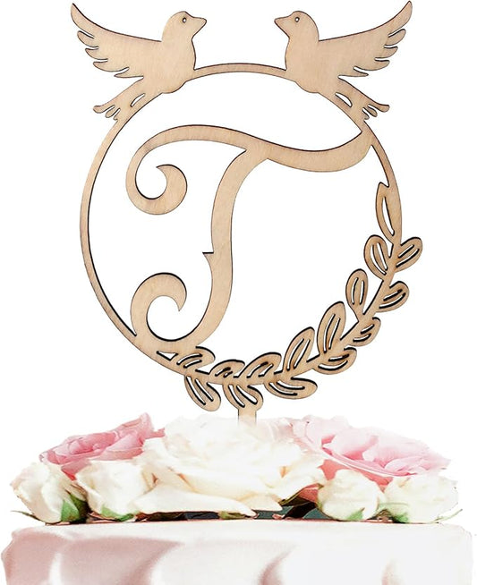 LINGTEER Personalized Inital Letter T Wood Cake Topper Perfect for Birthday Rustic Wedding Anniversary Party Keepsake Decoration