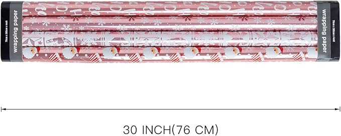 WRAPAHOLIC 30 Inch Christmas Wrapping Paper Roll - Jumbo Roll Rose Gold Santa, Snowflakes and Reindeer Holiday Collection with Metallic Foil Shine - 4 Rolls - 30 Inch x 120 Inch Per Roll