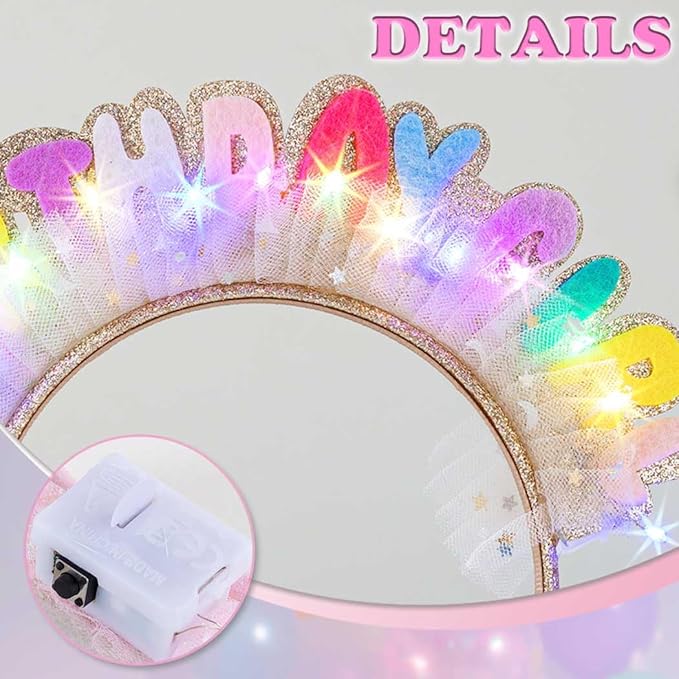 Light Up Birthday Girl Headbands LED Pink Birthday Crown Headpiece Glitter Party Hair Accessories for Women (Gold, One Size)