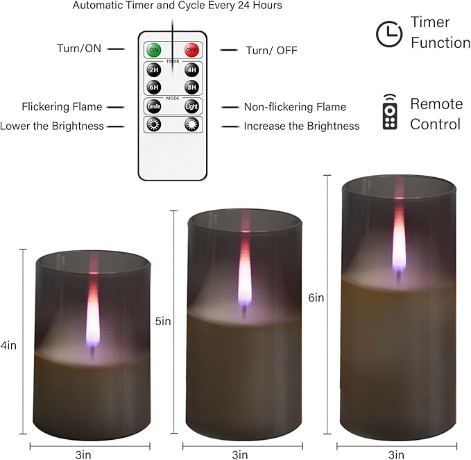 3Pack Flameless Candles, LED Candles, Flameless Candle with Remote Control，with Timer 2/4/6/8H，Flickering flameless Candles Ldeal for Setting The Mood（Grey）(D 3" xH 4" 5" 6")