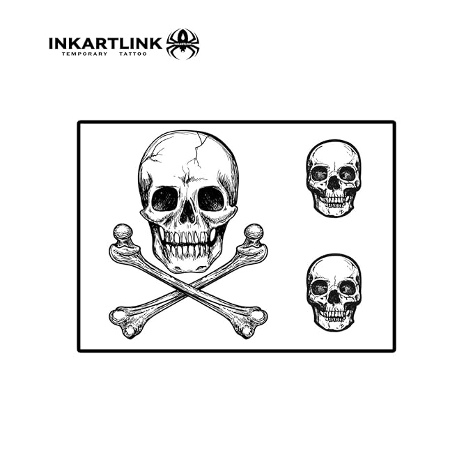 INKARTLINK Semi-Permanent Tattoo Stickers, Cool Boy Party Skull Tattoos, Exquisite and Realistic Designs, Fun Tattoo Experience, Non-reflective, Waterproof (Jolly Roger)