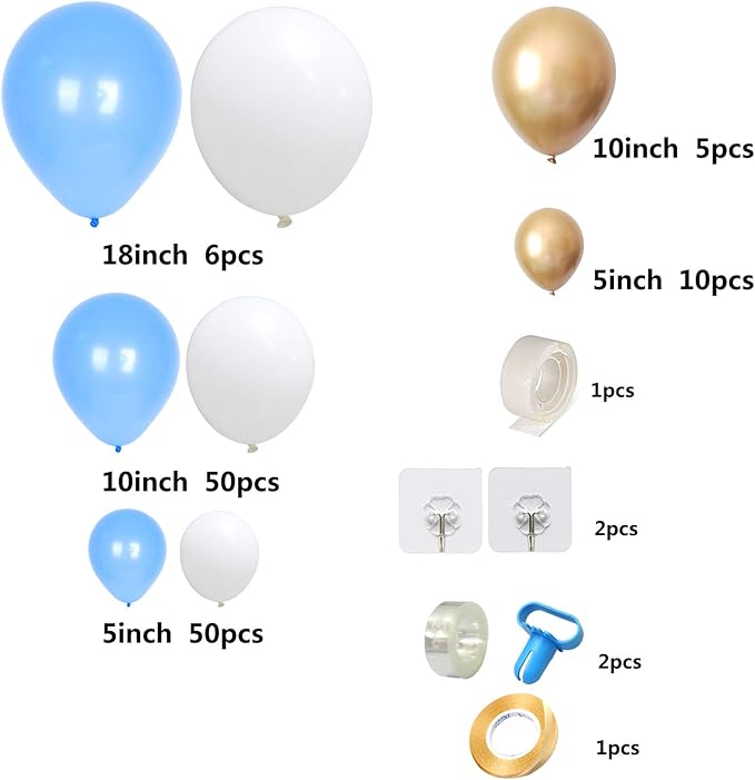 DIY Balloons Garland Kit Blue White and Gold Balloons for Wedding Birthday Festival Party Decoration with Balloon Strip Tape, Adhesive Dots