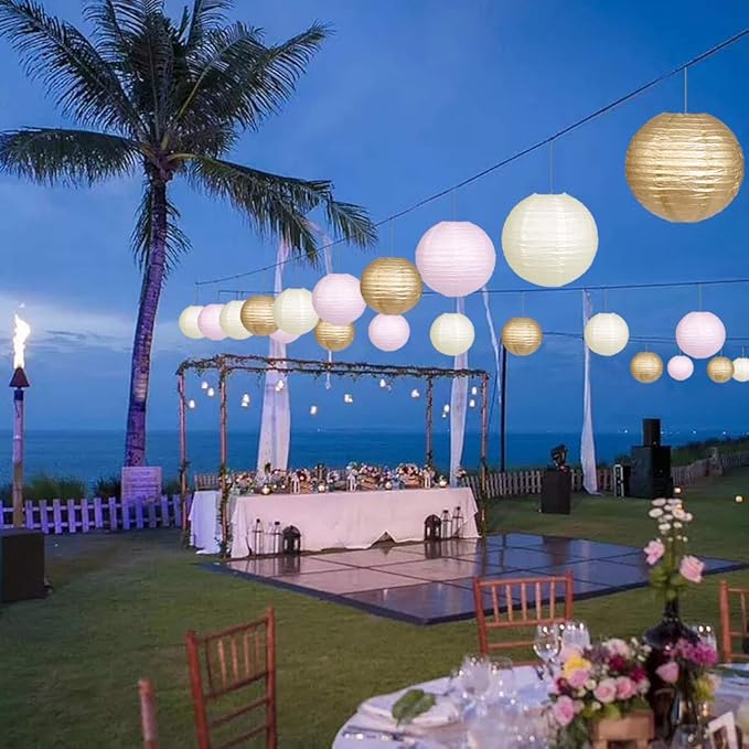 Paper Lanterns Decorative, Round Hanging Paper Lanterns Decorations for Wedding Engagement Baby Showers Birthday Party Supplies Pink/Gold/Ivory 15pcs