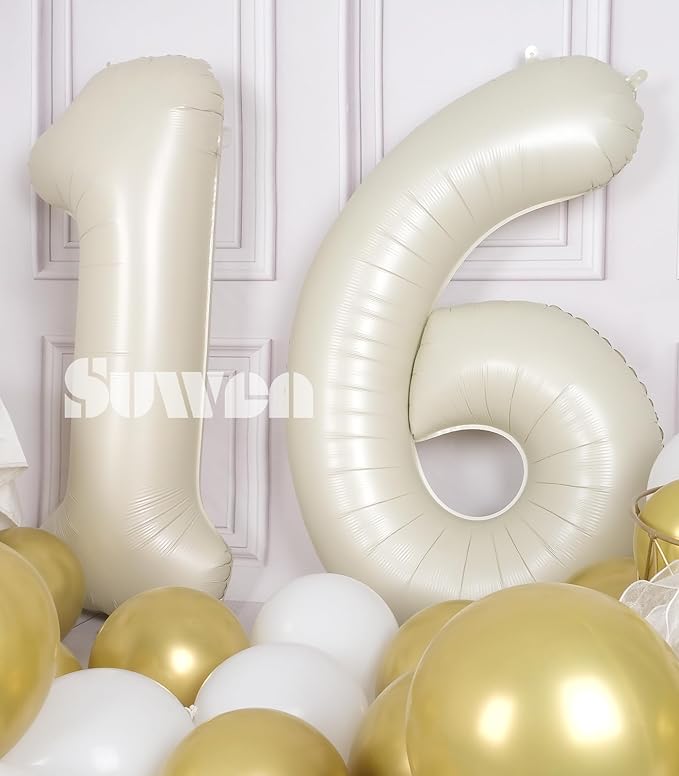SUWEN 40 Inch Cream White Large 16 Number Balloons Big Foil Helium Number Balloons 0-9 Jumbo Happy 16th Mylar Birthday Party Decorations for Boy or Girl 61 Anniversary Party Supplies