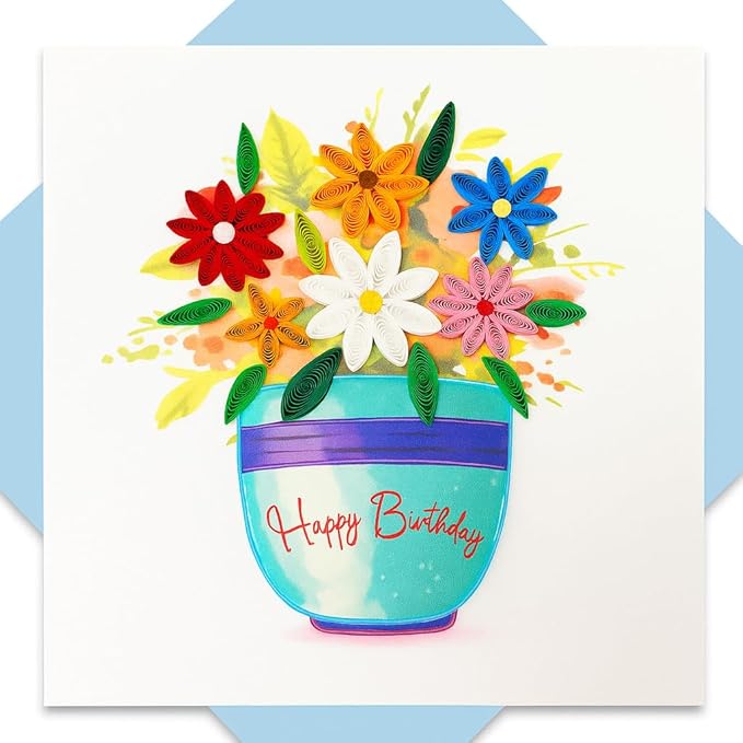 Quilled Birthday Card - Happy Birthday Quilled Daisies Greeting Cards for Women - Blank Inside Quilling Cards for Woman- 6x6 Handmade 3D Paper Art Design with Luxury Blue Envelope (Daisy)