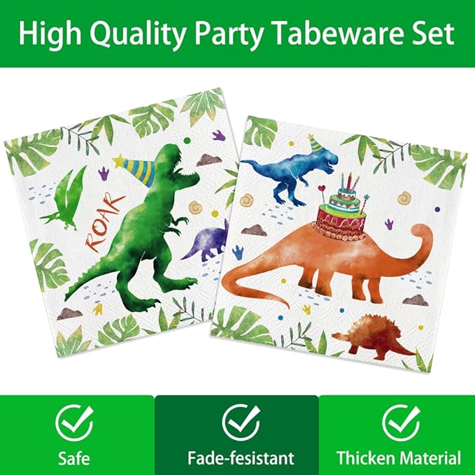 140 Pcs Watercolor Dinosaur Party Supplies Dinosaur Theme Birthday Party Decoration Includes Plates Cups Napkins Knives Forks Spoons Tableware for Boys Birthday,Serves 20 Guests