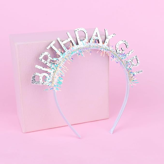 Jaciya Birthday Girl Glitter Headband for Women Girls Sparkling Silver Party Hair Accessories with Confetti Tinsel