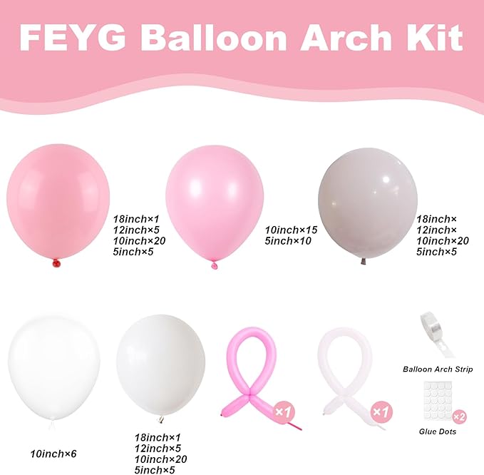 Bow Pink Balloon Arch Kit - Pearl & Clear Balloons (260 Pieces) for Girl's Birthday or Baby Shower