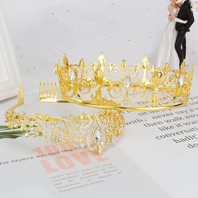 AOPRIE King & Queen Tear Drop Tiara and Crown for Women Men Crystal Hair Accessories for Wedding Prom Bridal Birthday Party Halloween Costume Christmas Gifts Gold Princess Tiara for Girls Boys