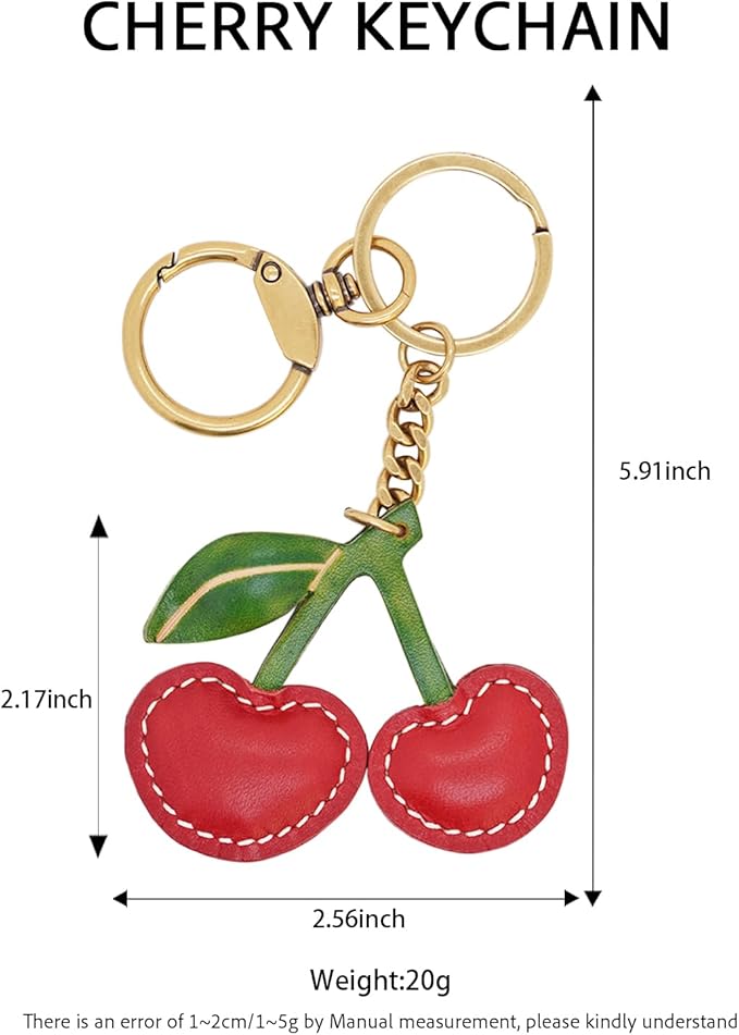 Handmade Genuine Leather Cherry Keychain - Cute Red Fruit Keyring for Women Girls, Fashion Bag Purse Charm Accessory Gift(Unisex Gift)
