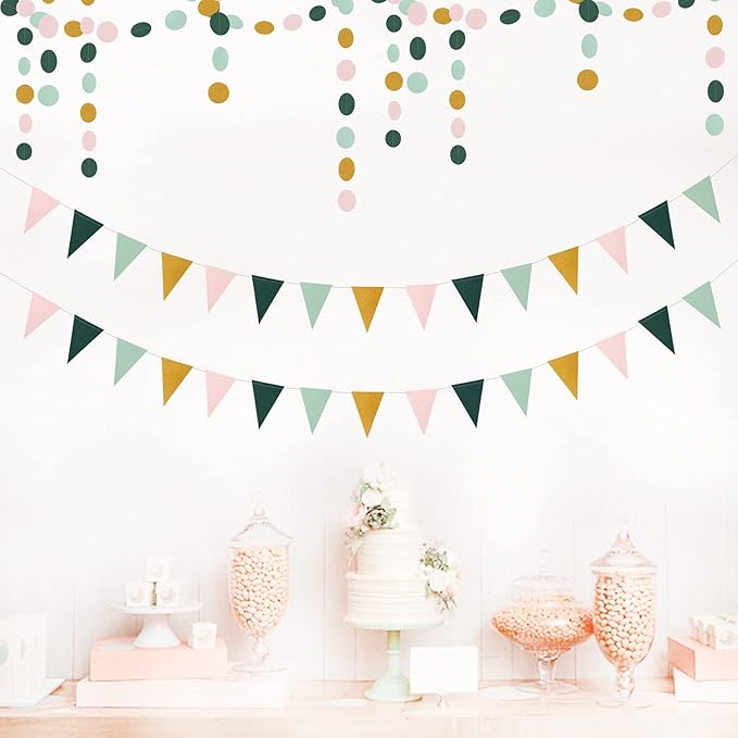 Sage-Green Pink Gold Paper Garland - 52Ft Glitter Paper Hanging Decoration Streamer Banner,Baby Bridal Shower Safari Birthday Tropical Party Decorations Jungle Theme Wedding Bunting Lasting Surprise