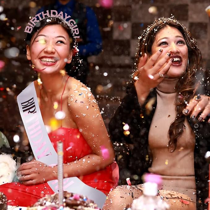 AOPRIE Birthday Girl Crown for Women with Sash White Pink Happy Birthday Tiara for Women Headband Princess Crown Rhinestone Accessories