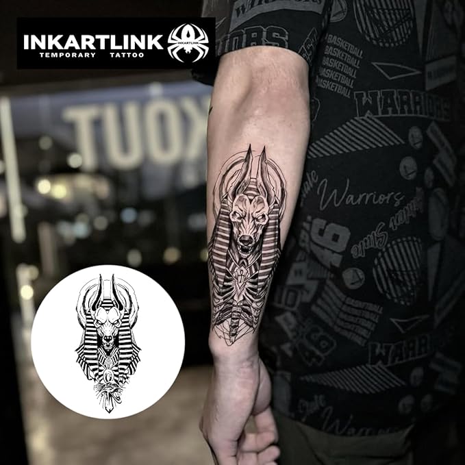 INKARTLINK Tattoo Tech, 2 Sheets Extra Large Semi Permanent Tattoo, Adult Art Design Temporary Tattoos, Lasts 1-2 Weeks, Waterproof, Realistic Look, No Adhesive, No Reflection (Anubis)