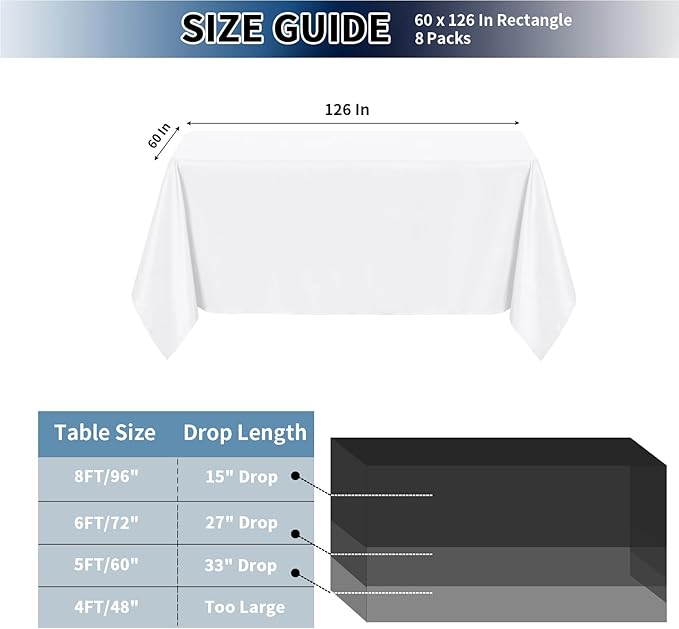 PureFit 8 Pack White Cloths 60 x 126 Inch for 6 Ft Rectangle Table - Stain and Wrinkle Resistant Linen, Polyester Covers for Dining, Wedding, Party, Banquet and Camping