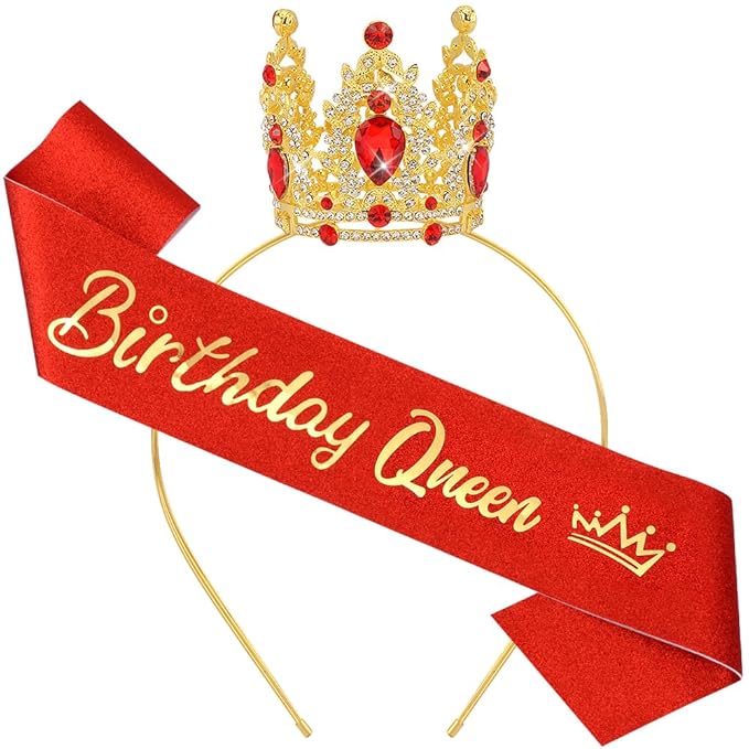 Birthday Queen Sash for Women Tiara & Crowns Headbands for Girls Happy Birthday Party Accessories Favor Supllies Leona Gold Red Pink, 2 Pack
