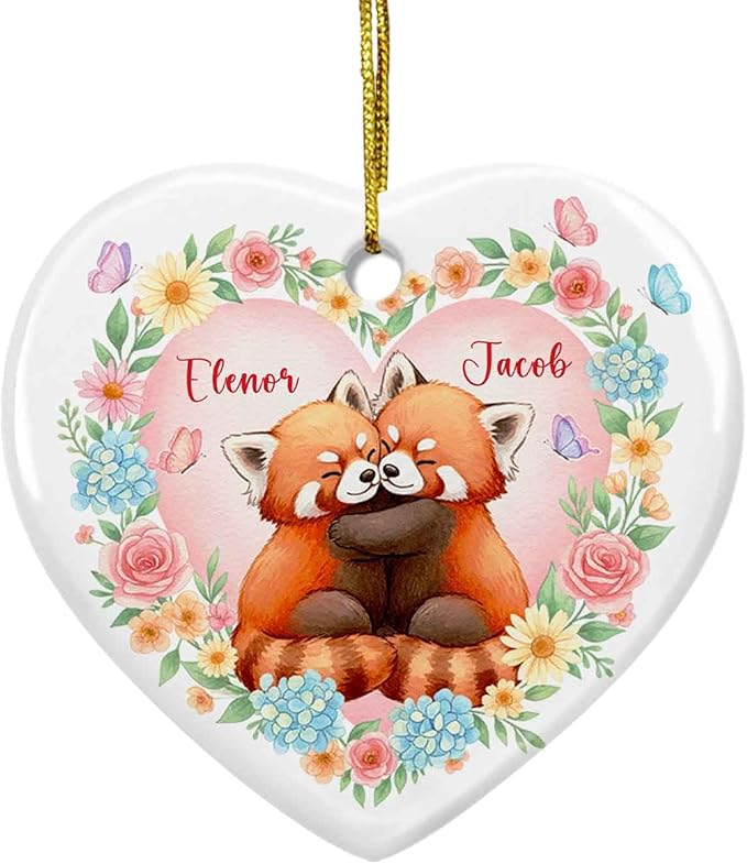 Couple Red Panda Together Ornament Christmas, Personalized Couple Engaged Ceramic Ornament Xmas, Red Panda Hugging Ornaments Gift for Boyfriend Girlfriend, Custom Names Married Christmas Keepsake