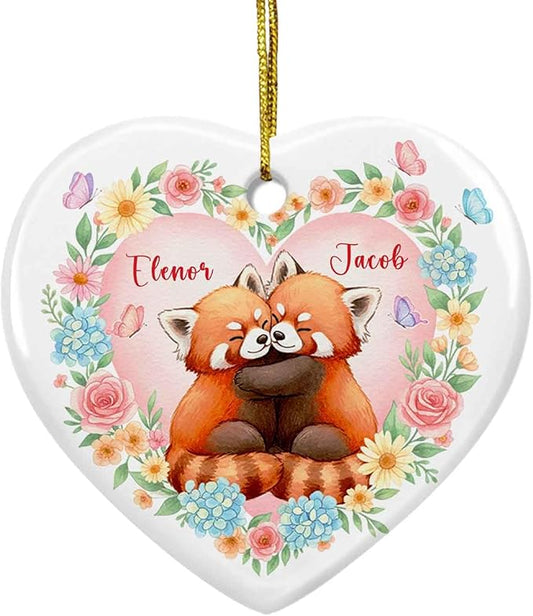 Couple Red Panda Together Ornament Christmas, Personalized Couple Engaged Ceramic Ornament Xmas, Red Panda Hugging Ornaments Gift for Boyfriend Girlfriend, Custom Names Married Christmas Keepsake