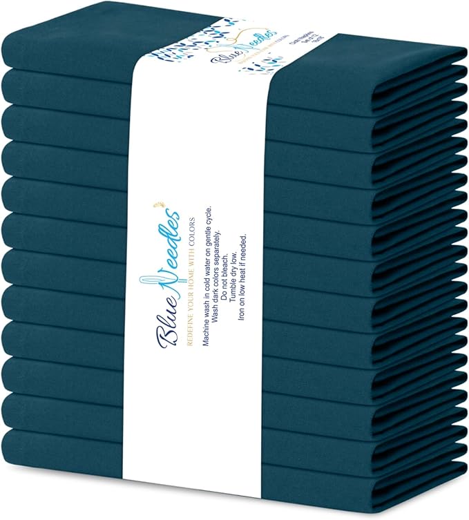 Blue Needles Solid Cloth Napkins Set of 12 Crystal Teal 100% Cotton Dinner Napkins 18x18 inches - Soft, Reusable, Absorbent & Washable Fall Thanksgiving Linen, Ideal for Events, Parties & Everyday Use