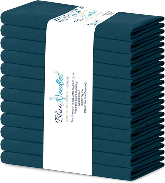 Blue Needles Solid Cloth Napkins Set of 12 Crystal Teal 100% Cotton Dinner Napkins 18x18 inches - Soft, Reusable, Absorbent & Washable Fall Thanksgiving Linen, Ideal for Events, Parties & Everyday Use